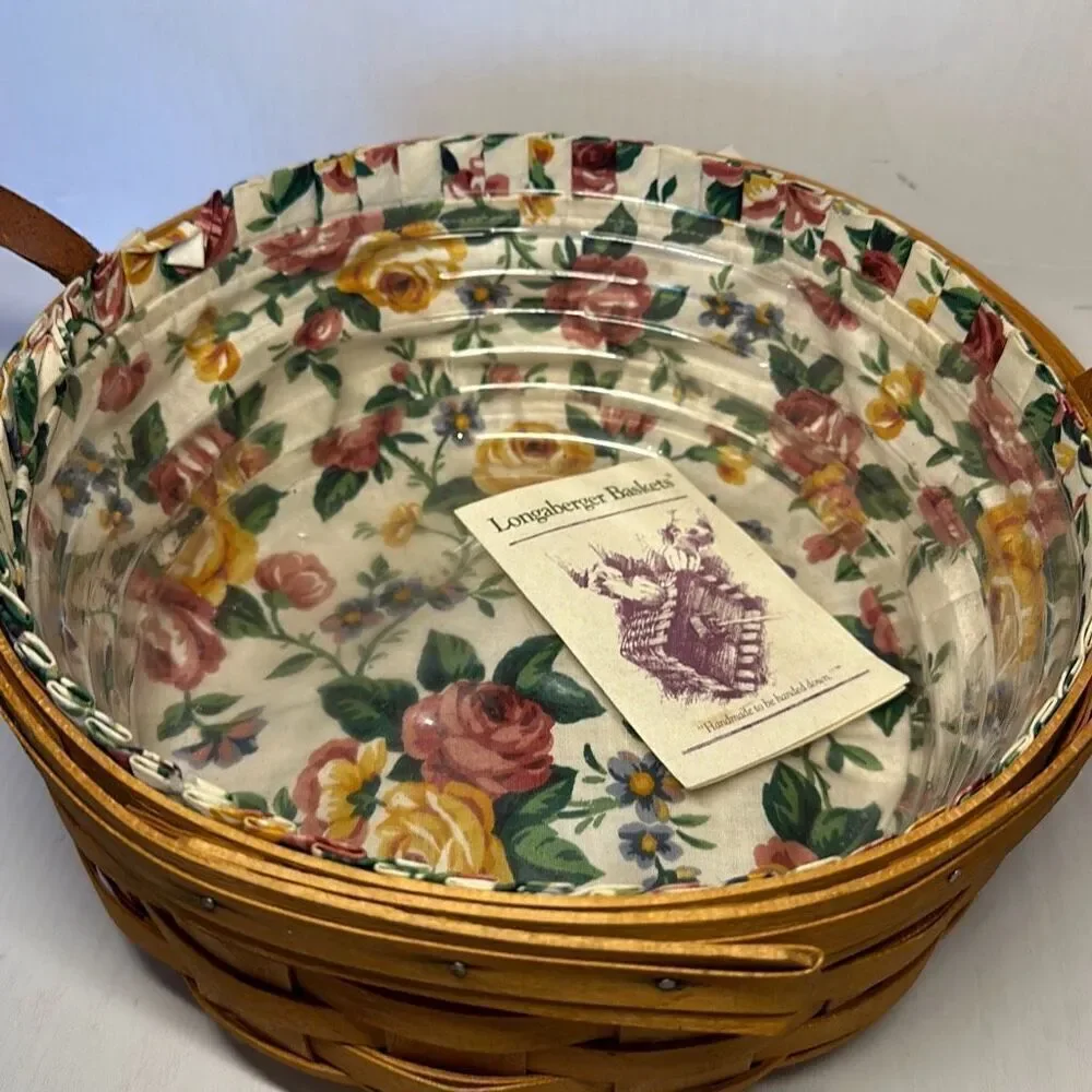 Longaberger Vintage Darning 1995 Round Basket‎ Leather Handles Floral Liner